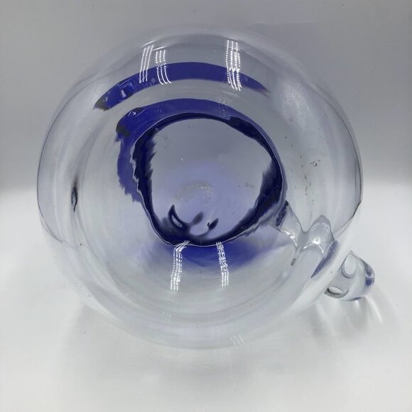 Cobalt Blue Rim Handblown Glass Pitcher Heavy Beverage Drinkware Serveware - Picture 5 of 9